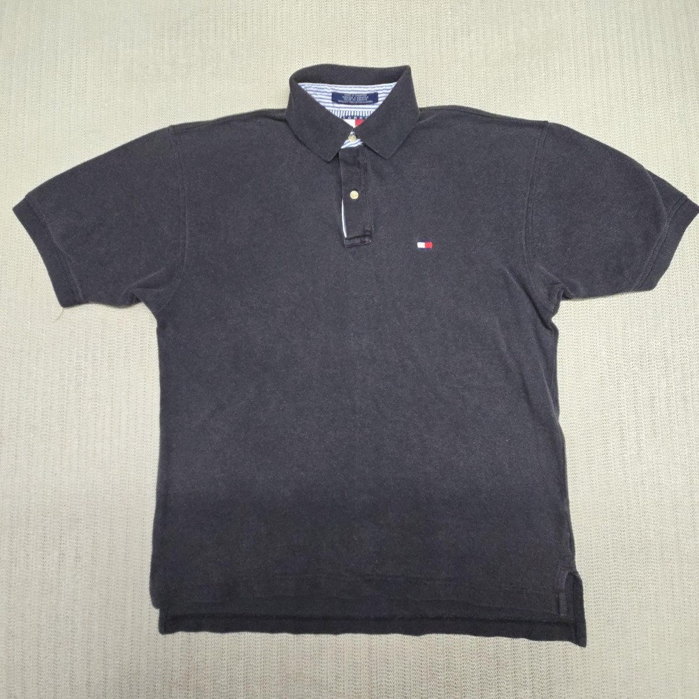 Tommy Hilfiger Polo Shirt Mens Medium Gray Solid Cotton Logo Short Sleeve Casual